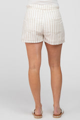 Beige Striped Drawstring Maternity Shorts