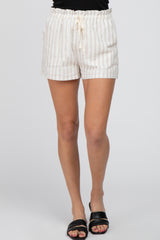 Beige Striped Drawstring Shorts