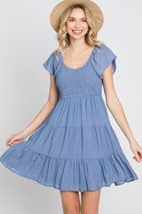 Blue Smocked Top Tiered Skirt Dress