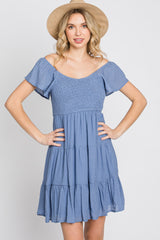 Blue Smocked Top Tiered Skirt Dress