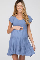 Blue Smocked Top Tiered Skirt Maternity Dress