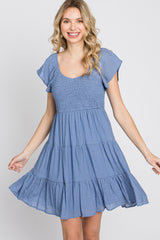 Blue Smocked Top Tiered Skirt Dress