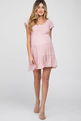 Light Pink Smocked Top Tiered Skirt Maternity Dress