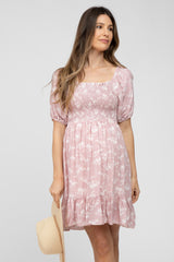 Light Pink Floral Smocked Square Neck Maternity Dress