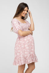 Light Pink Floral Smocked Square Neck Maternity Dress