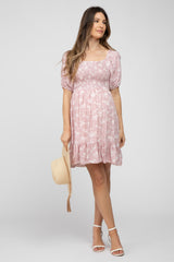 Light Pink Floral Smocked Square Neck Maternity Dress