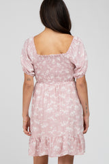 Light Pink Floral Smocked Square Neck Dress