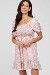 Light Pink Floral Smocked Square Neck Maternity Dress