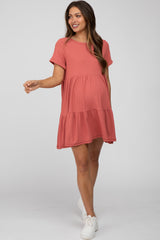 Rust Ribbed Maternity Tiered Dress