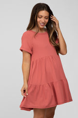 Rust Ribbed Maternity Tiered Dress