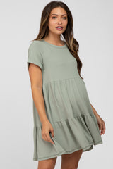 Light Olive Ribbed Maternity Tiered Dress