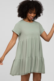 Light Olive Ribbed Tiered Dress