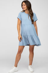 Light Blue Ribbed Maternity Tiered Dress