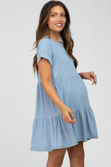 Light Blue Ribbed Maternity Tiered Dress