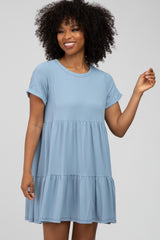 Light Blue Ribbed Maternity Tiered Dress