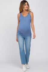 Blue Ribbed Button Up Maternity Tank Top