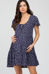 Navy Floral Button Front Tie Maternity Dress