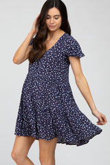 Navy Floral Button Front Tie Maternity Dress