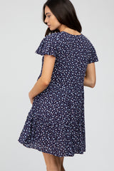 Navy Floral Button Front Tie Maternity Dress