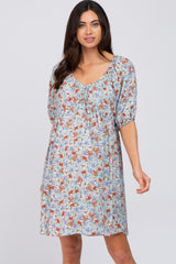 Light Blue Floral Front Tie Puff Sleeve Maternity Dress