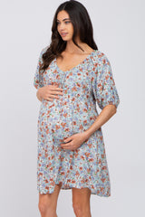 Light Blue Floral Front Tie Puff Sleeve Maternity Dress