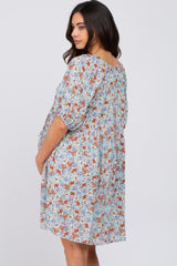 Light Blue Floral Front Tie Puff Sleeve Maternity Dress