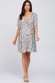 Light Blue Floral Front Tie Puff Sleeve Maternity Dress