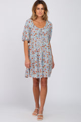 Light Blue Floral Front Tie Puff Sleeve Maternity Dress