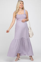 Lavender Square Neck Smocked Embroidered Maternity Midi Dress