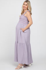 Lavender Square Neck Smocked Embroidered Maternity Midi Dress