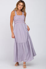 Lavender Square Neck Smocked Embroidered Maternity Midi Dress