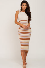 Beige Striped Cutout Knit Midi Dress