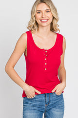 Red Ribbed Button Up Tank Top