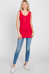 Red Ribbed Button Up Tank Top