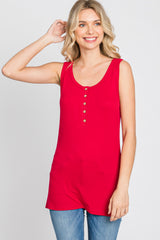 Red Ribbed Button Up Tank Top