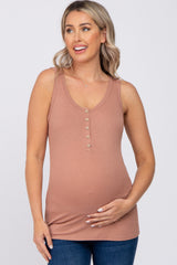 Mocha Ribbed Button Up Maternity Tank Top