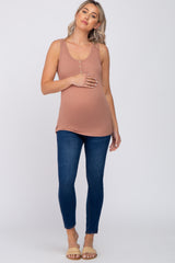 Mocha Ribbed Button Up Maternity Tank Top