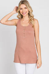 Mocha Ribbed Button Up Tank Top