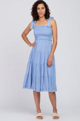 Light Blue Polka Dot Sleeveless Tiered Midi Dress