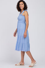 Light Blue Polka Dot Sleeveless Tiered Midi Dress