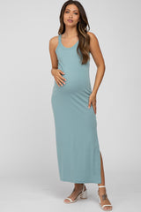 Light Teal Sleeveless Side Slit Maternity Maxi Dress