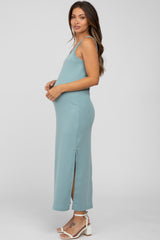 Light Teal Sleeveless Side Slit Maternity Maxi Dress