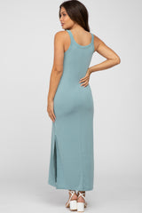 Light Teal Sleeveless Side Slit Maternity Maxi Dress