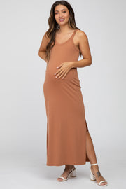 Camel Sleeveless Side Slit Maternity Maxi Dress