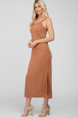 Camel Sleeveless Side Slit Maxi Dress