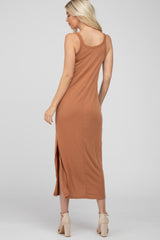 Camel Sleeveless Side Slit Maxi Dress