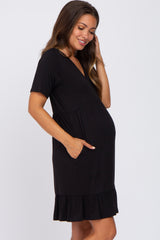 Black V-Neck Ruffle Hem Maternity Dress