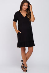 Black V-Neck Ruffle Hem Maternity Dress