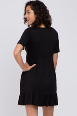 Black V-Neck Ruffle Hem Dress