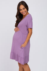 Lavender V-Neck Ruffle Hem Maternity Dress